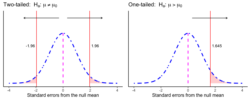 Two panels, each a blue dot-dash bell curve centered on a magenta dashed line. Left panel, titled two-tailed with an arrow pointing both ways: small red shaded areas in both tails beyond red vertical lines at minus 1.96 and plus 1.96. Right panel, titled one-tailed with an arrow pointing right: a single, larger red shaded area in the right tail beyond a red vertical line at 1.645, which sits closer to the center than 1.96.
