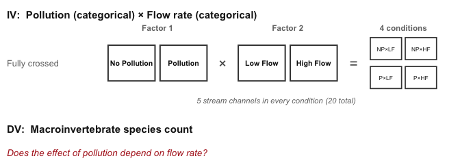 Study design schematic. IV: pollution crossed with flow rate, both categorical. Two boxes for pollution and two for flow rate, joined by a multiplication sign, equalling a four-cell grid labeled NP times LF, NP times HF, P times LF and P times HF. DV: macroinvertebrate species count.